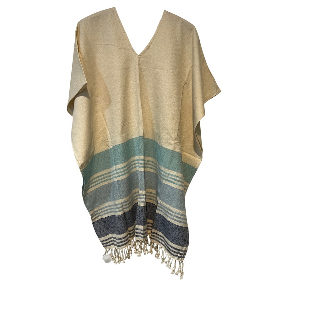 Tribe Alive Poncho Women One Size Beige Striped Cotton Handmade Fringed Wrap A45